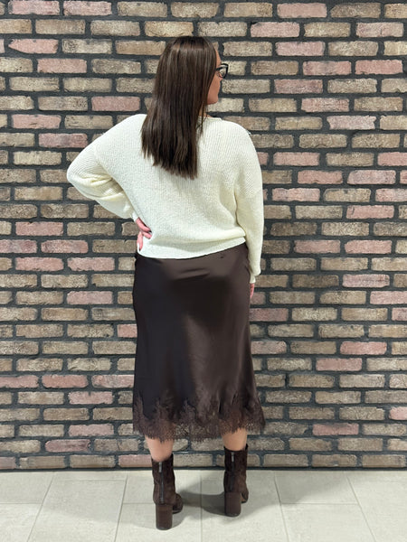 Lace Trim Satin Midi Skirt - Brown