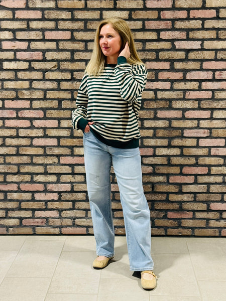 Striped V-Stitch Pullover - Hunter Green