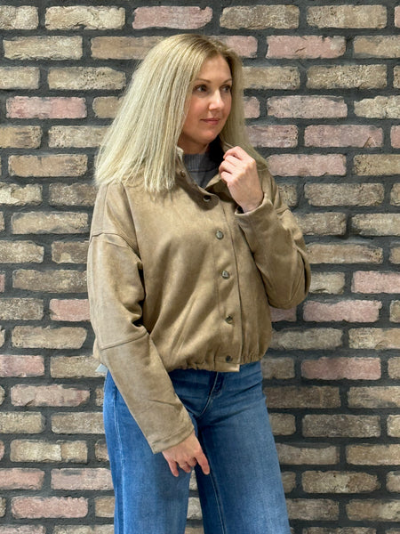 Funnel Collar Faux Suede Jacket - Taupe