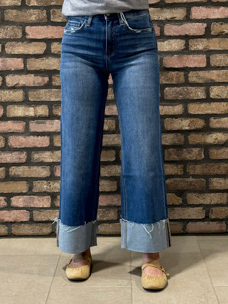 Cuffed Ankle Wide Leg Jeans - Dark Wash