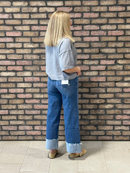 Cuffed Ankle Wide Leg Jeans - Dark Wash