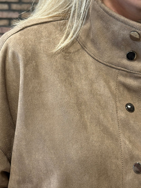Funnel Collar Faux Suede Jacket - Taupe