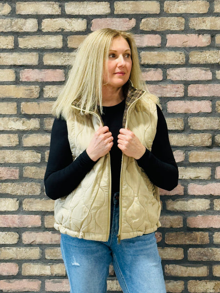Plaid Collar Quilted Vest - Khaki