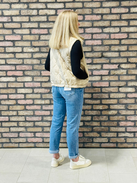 Plaid Collar Quilted Vest - Khaki