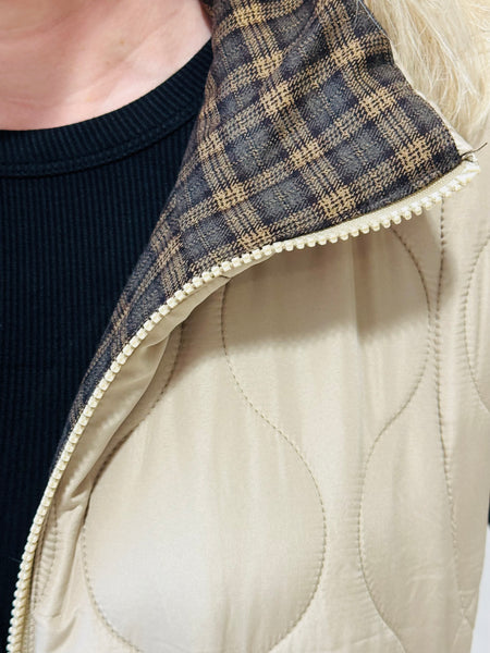 Plaid Collar Quilted Vest - Khaki