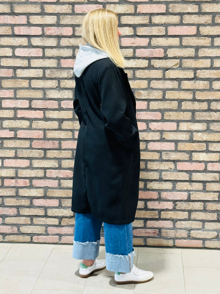 Contrasting Hoodie Coat - Black