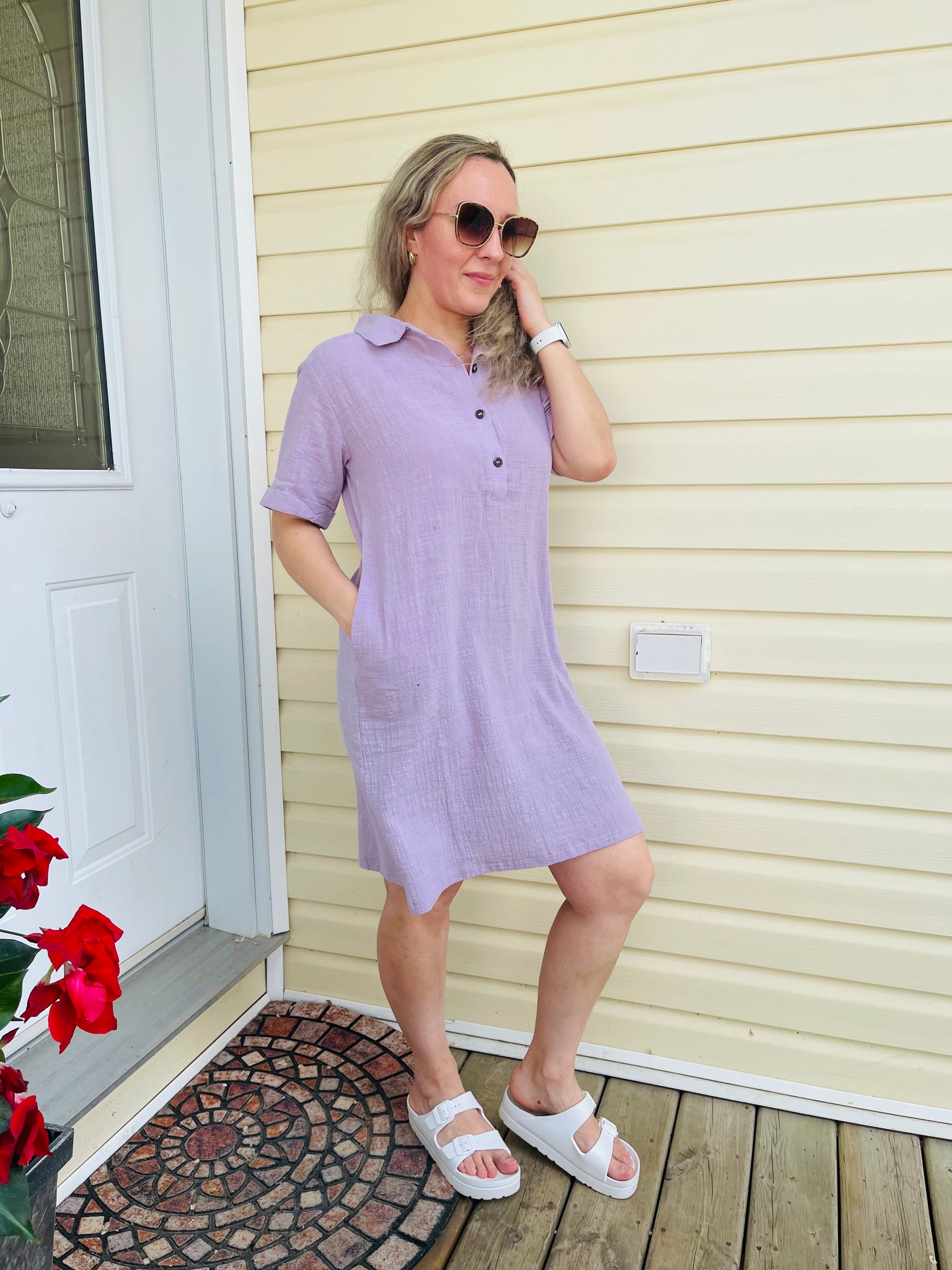 Gauze Button Down Shirt Dress - Dusty Lavender