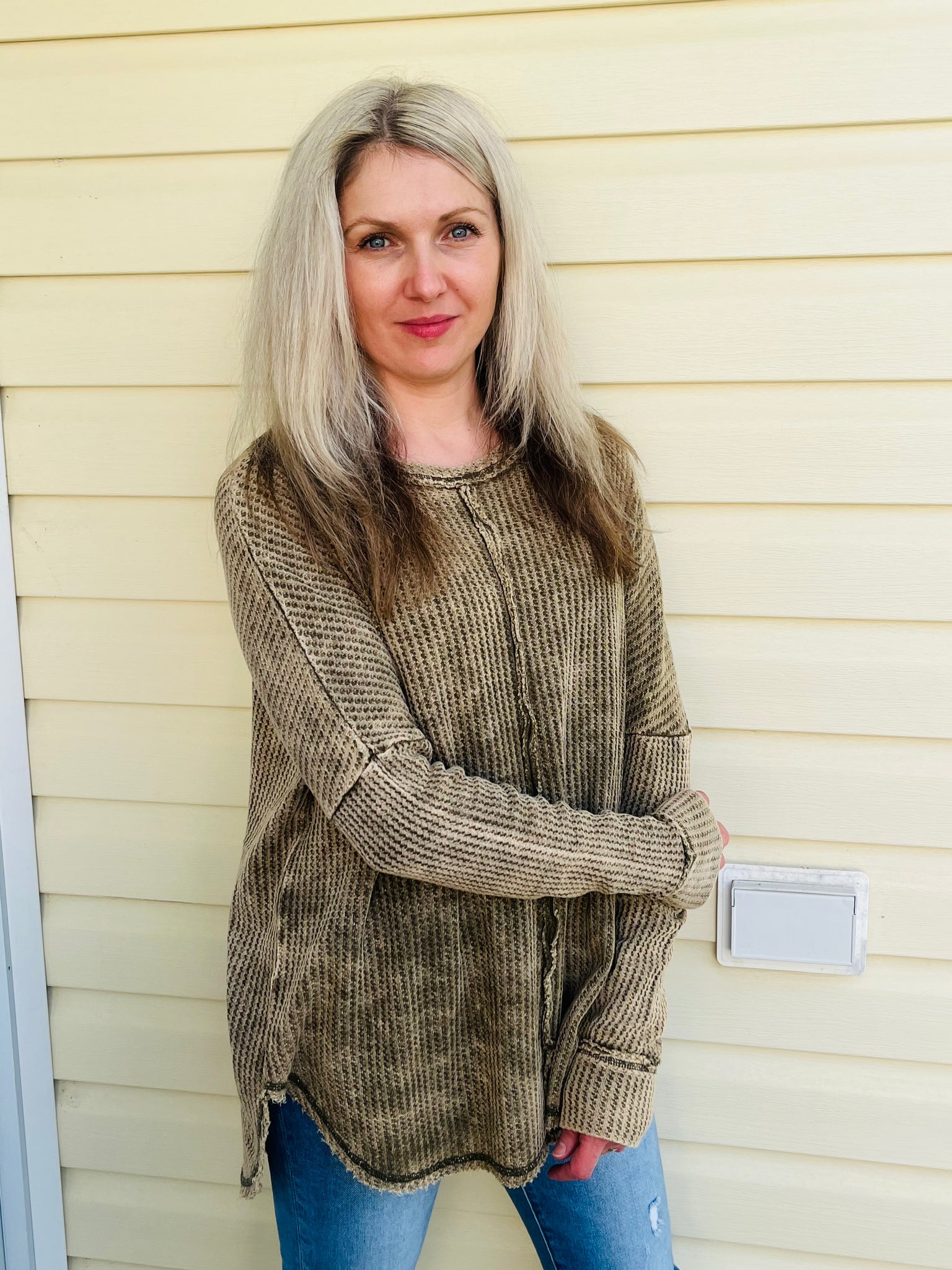 Washed Baby Waffle Oversized Top - Olive
