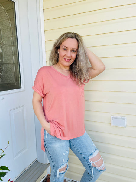 Pocket Hi-Low Hem Top - Apricot