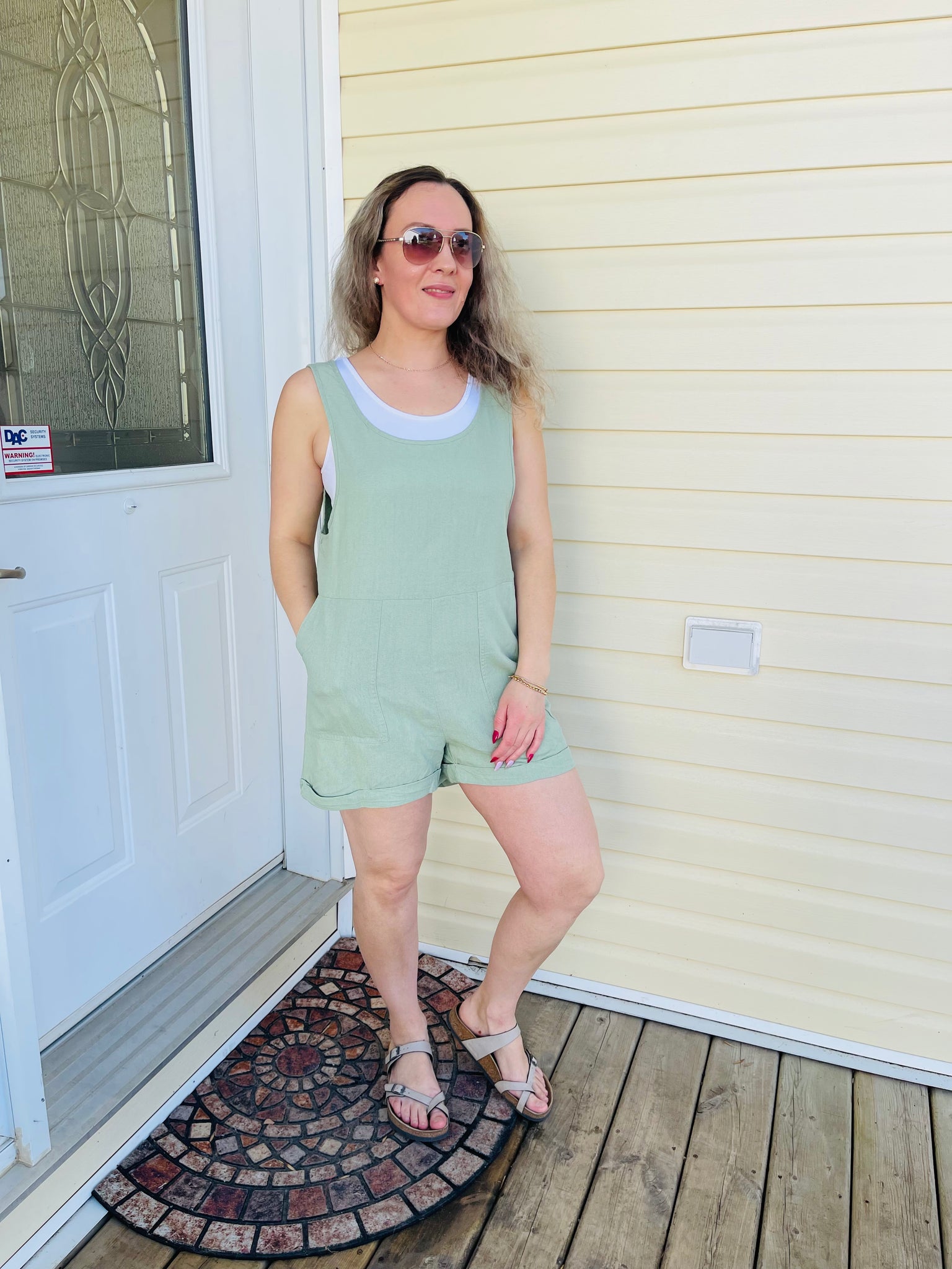 Linen Romper with Pockets - LT Sage