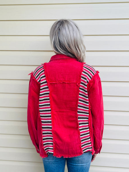 Knit Contrast Denim Jacket - Apple Red