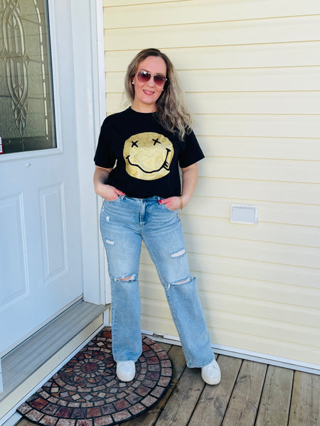 Glitter NIRVANA SMILEY FACE Graphic Tee - Black