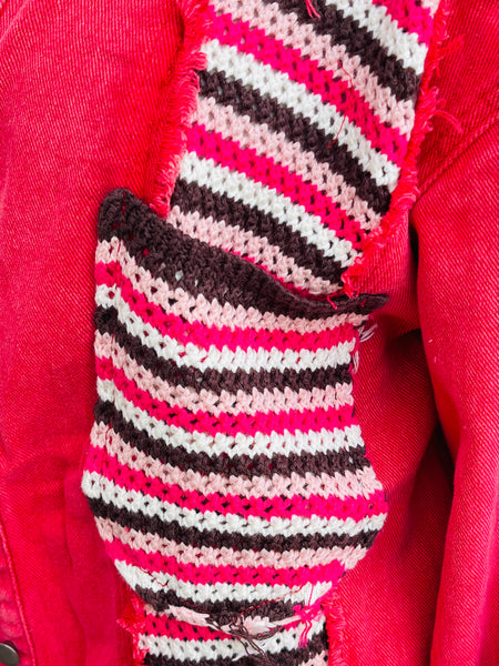 Knit Contrast Denim Jacket - Apple Red