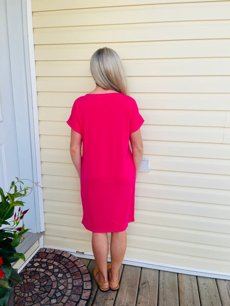 Rolled Short Sleeves Round Neck Dress - Hot Pink