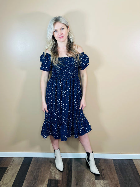 Tiered Polka Dot Dress - Navy