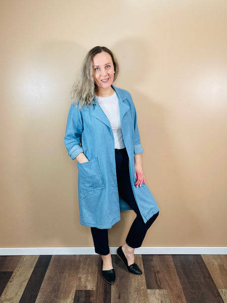 Chambray Open Trench Coat - Denim Blue