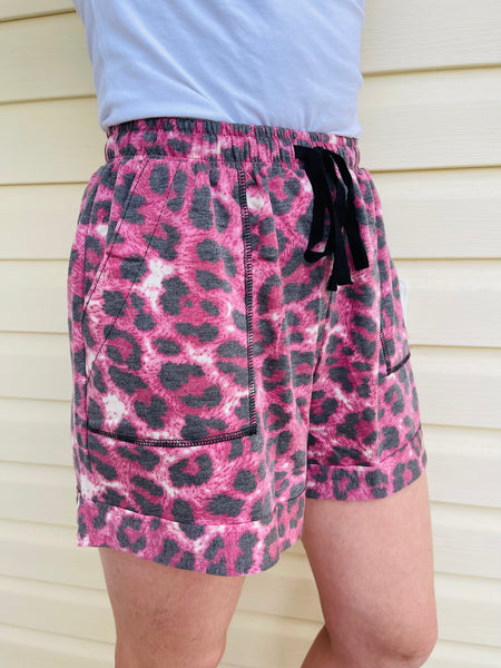 Soft French Terry Leopard Shorts - Cranberry