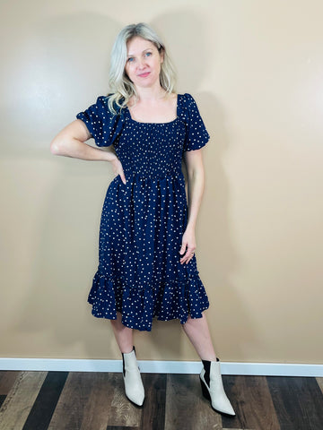 Tiered Polka Dot Dress - Navy