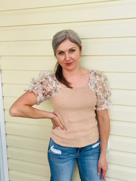 Puffed Sleeves Top - Taupe
