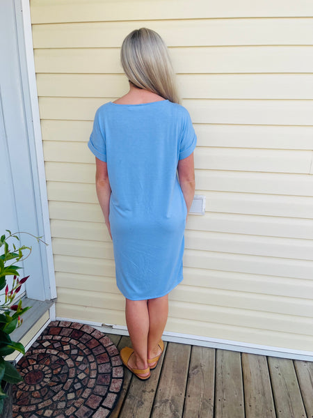 Rolled Short Sleeve Round Neck Dress - Spring Blue