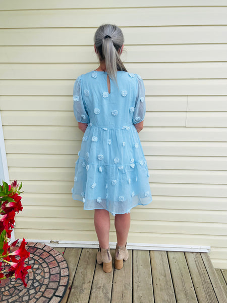 Textured Flower Babydoll Dress - Sky Blue
