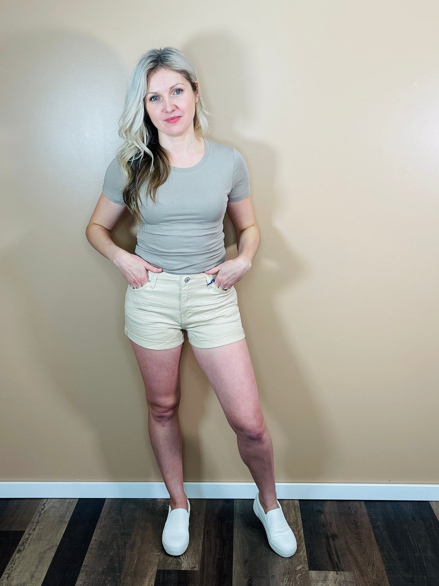 Khaki sales denim shorts