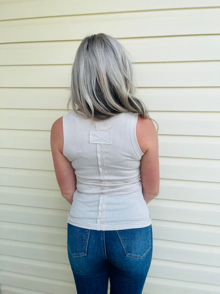 Ribbed Scoop Neck Tank Top - Sand Beige