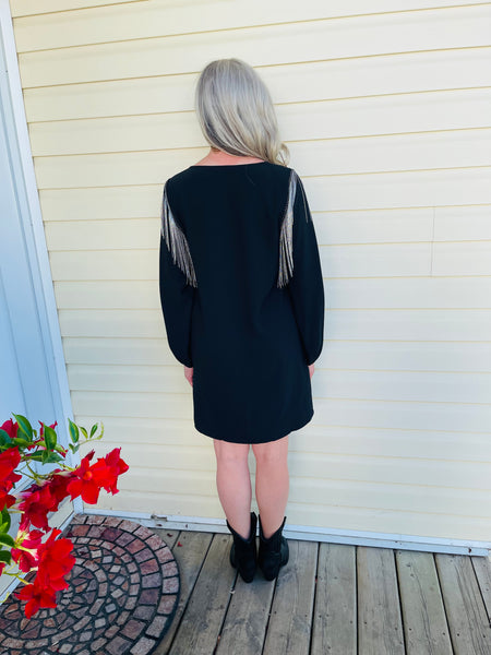 Fringe Shoulders Dress - Black