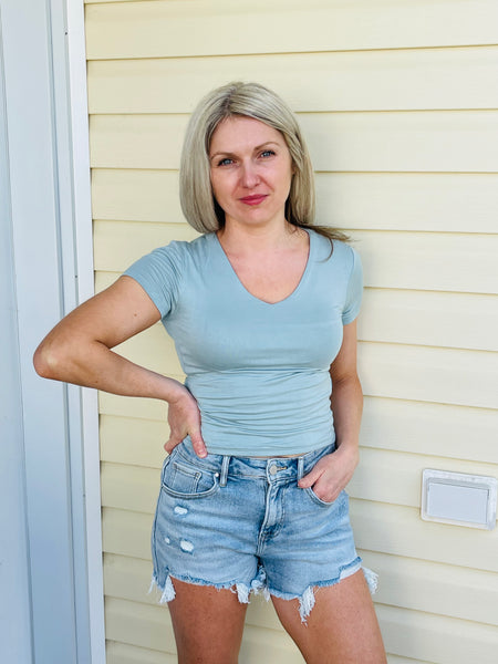 V-Neck Solid Colour Tee - Sky Mint