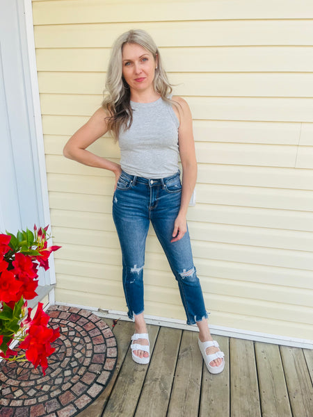 Ribbed Scoop Neck Tank Top - H. Grey