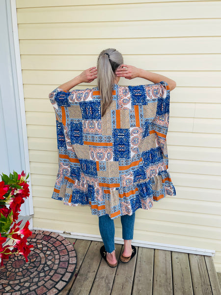 Paisley Print Kimono Cardigan - Blue Multi