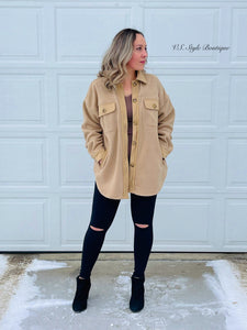Fleece Button Down Shacket - Beige