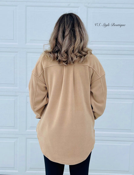 Fleece Button Down Shacket - Beige