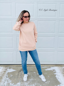 Long Sleeve Round Neck Sweatshirt with Pockets - Dusty Blush
