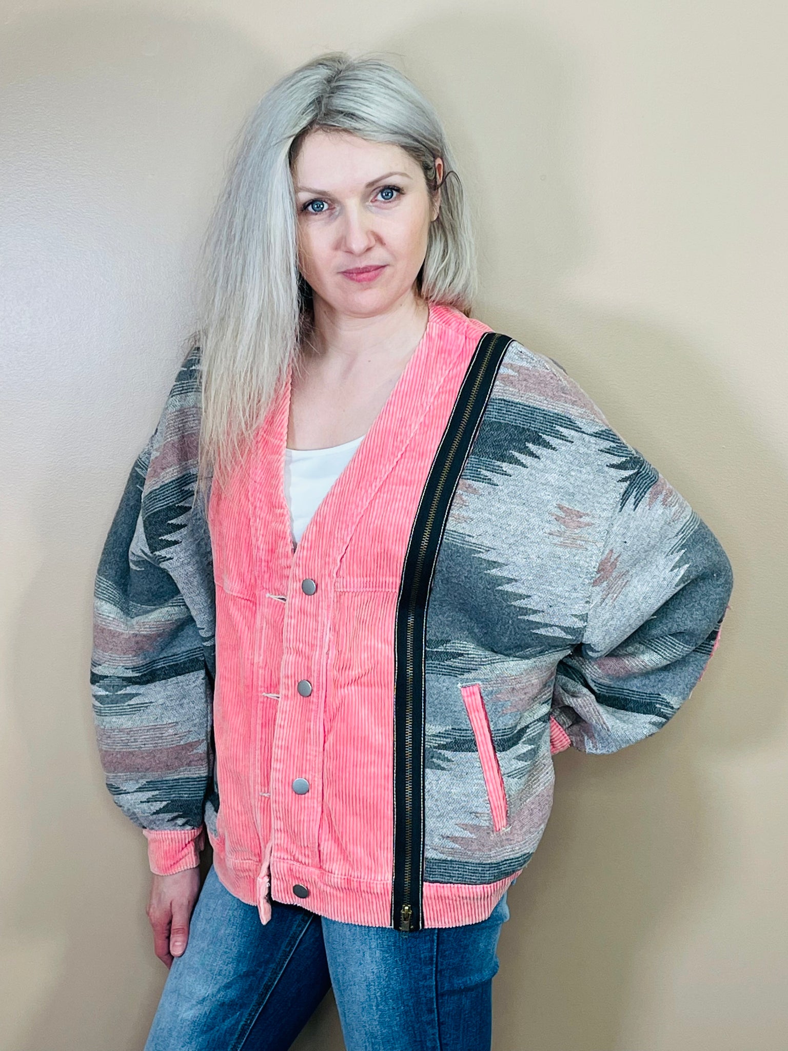 Aztec Corduroy Jacket - Neon Pink Multi