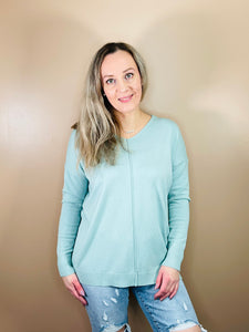 V-Neck Front Seam Sweater - Dusty Green