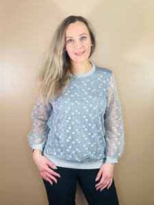 Floral Embroidery Mesh Top - Blue Grey