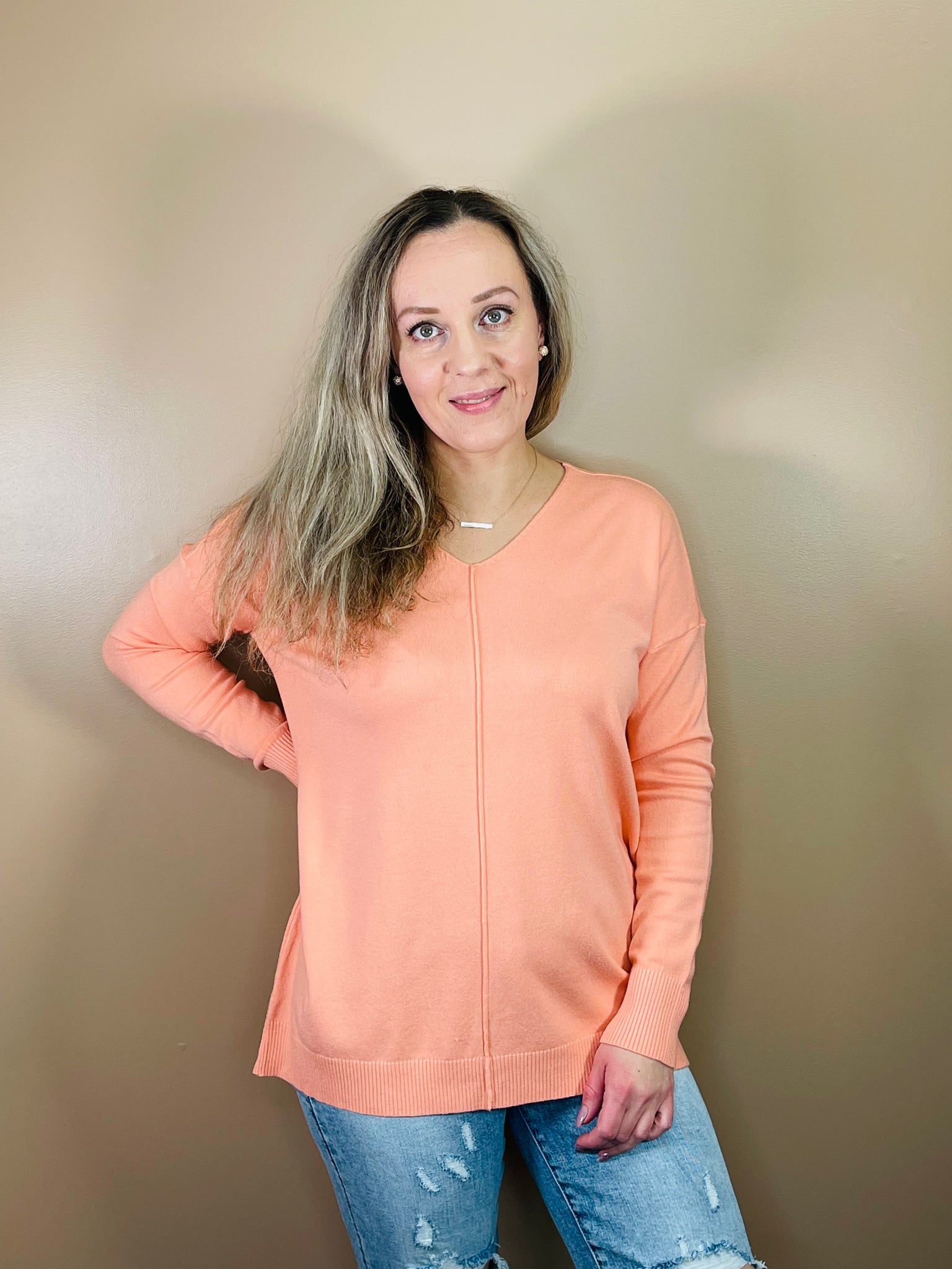 V-Neck Front Seam Sweater - Coral