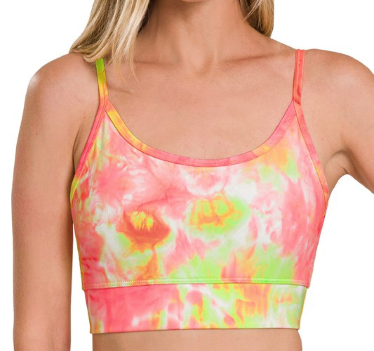 Athletic Tie Dye Adjustable Strap Bra - Neon Yellow/Pink