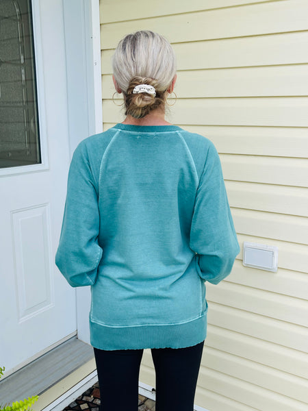 Pigment Dyed French Terry Pullover with Pockets - Teal