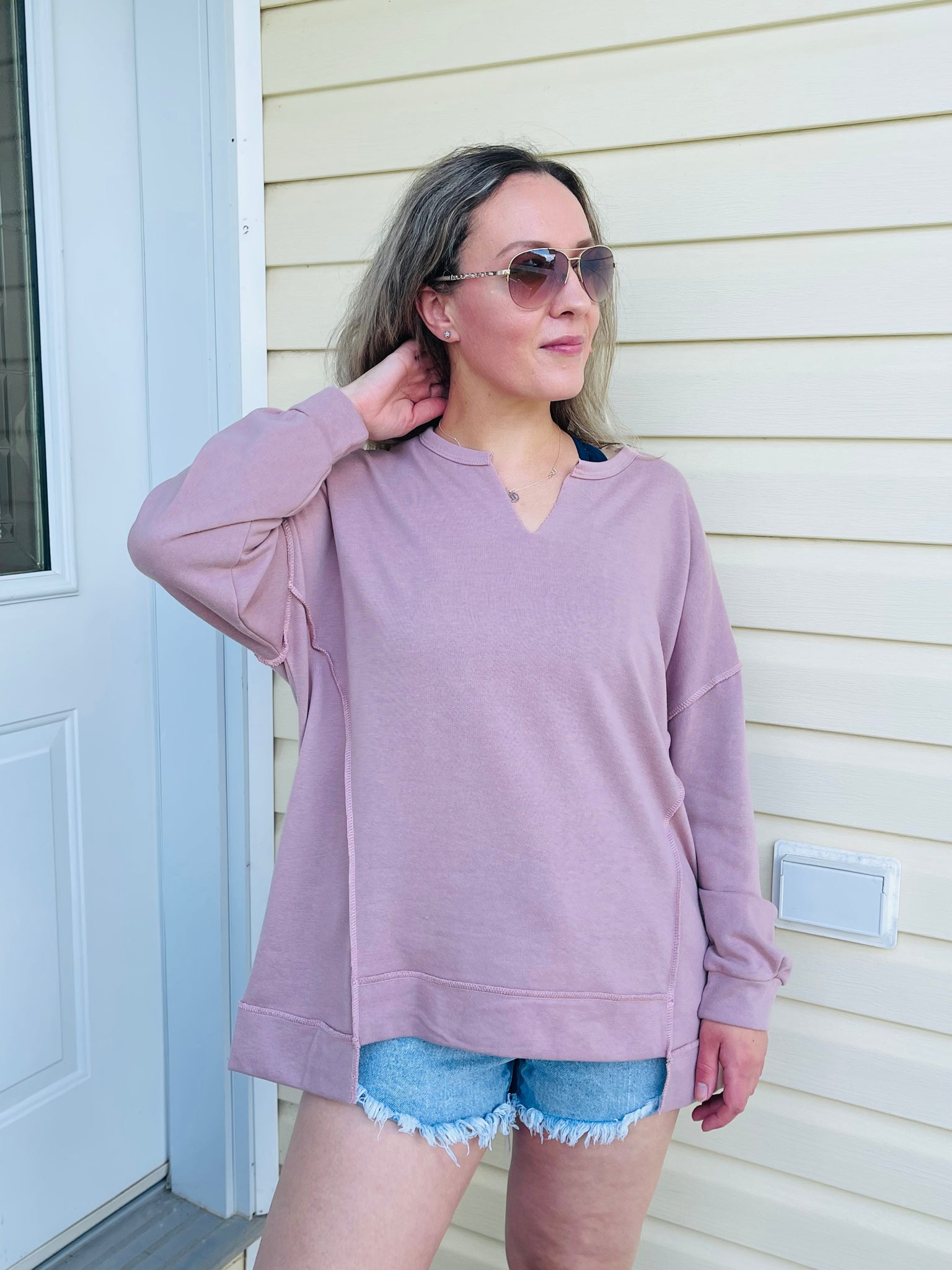 Notch Neck Oversized Knit Top - Wood Rose