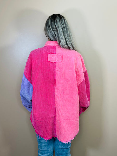 Colour Block Corduroy Jacket - Neon Pink/Cherry
