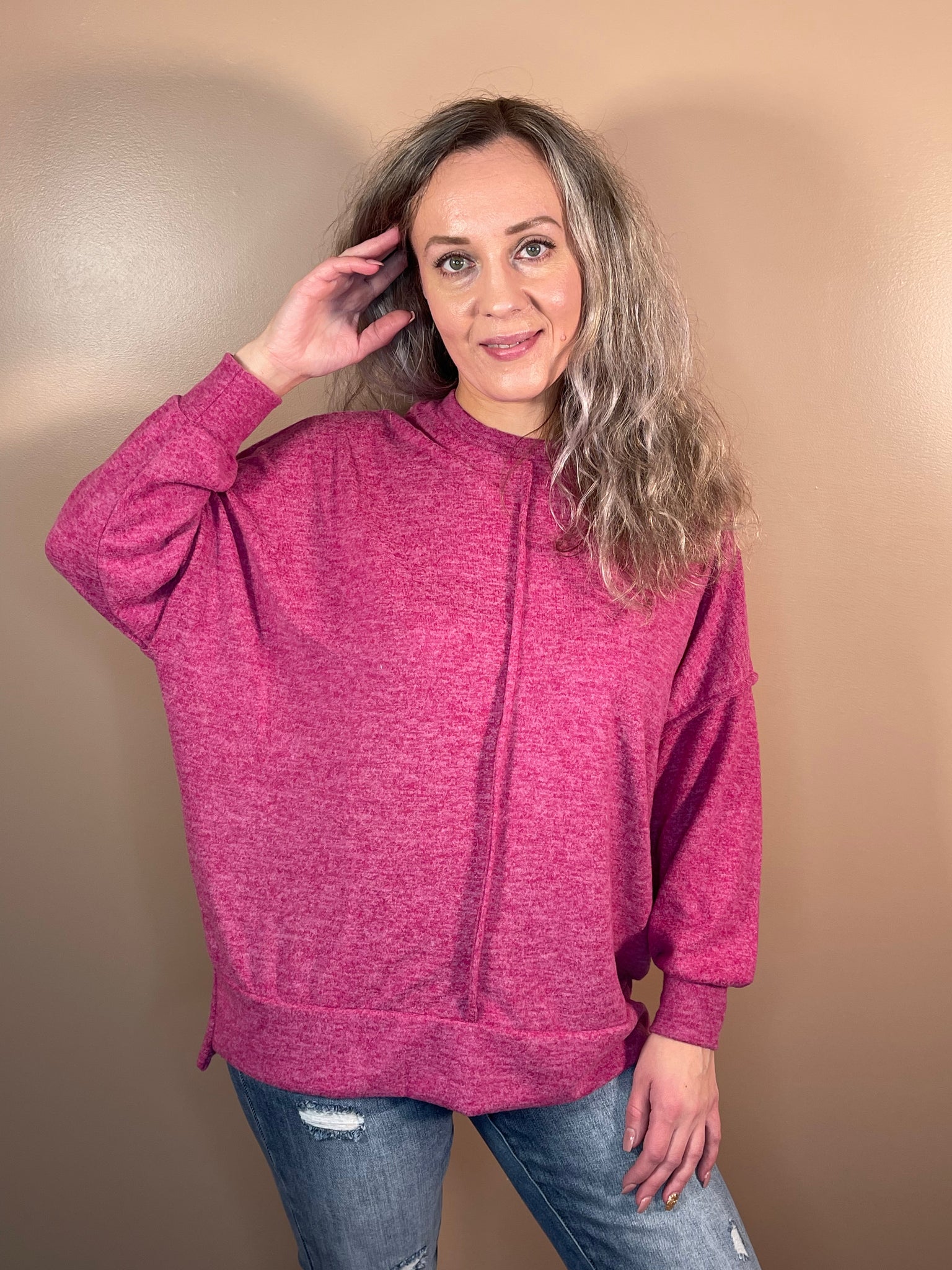 Brushed Melange Hacci Oversized Sweater - Magenta