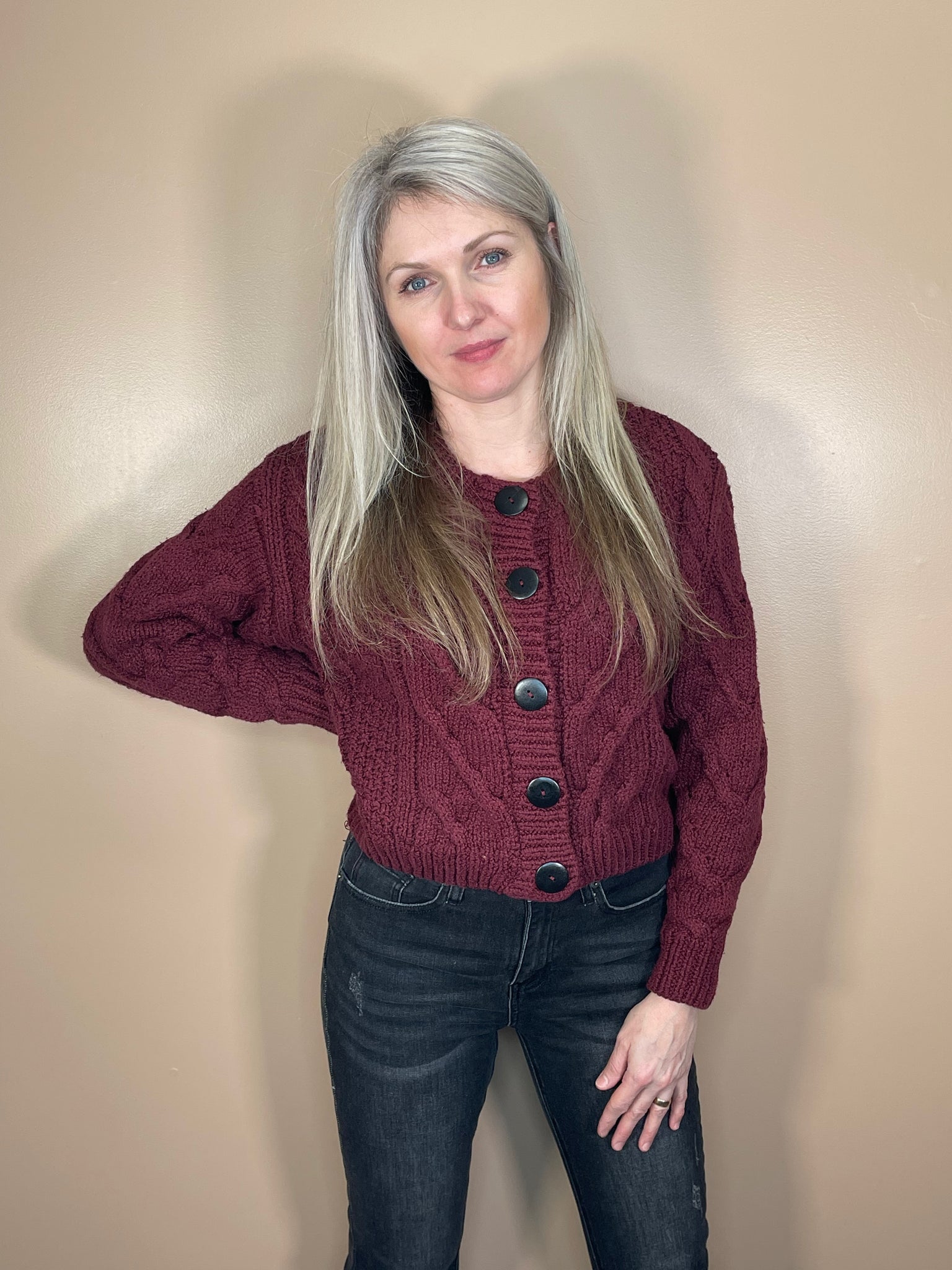 Button Front Cardigan Sweater - DK Burgundy