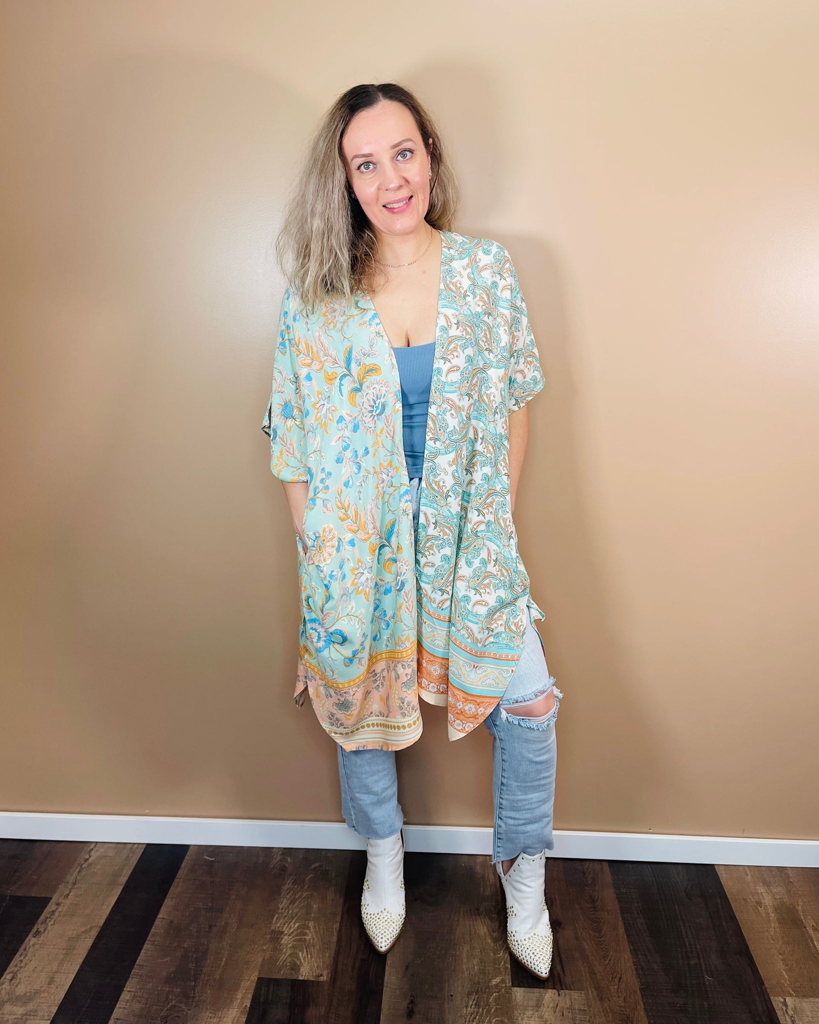 Printed Long Kimono - Light Mint