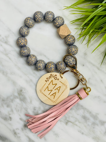 MAMA Wood Key Chain with Tassel - Pink Leopard