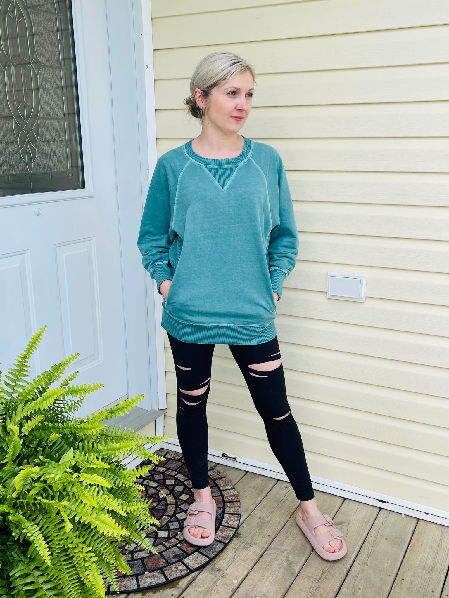 Pigment Dyed French Terry Pullover with Pockets - Teal