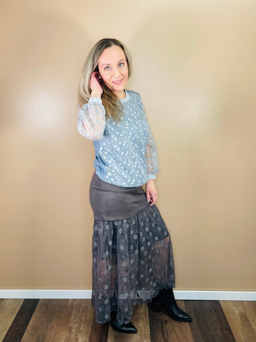 Polka Dot Textured Mesh Maxi Skirt - Charcoal