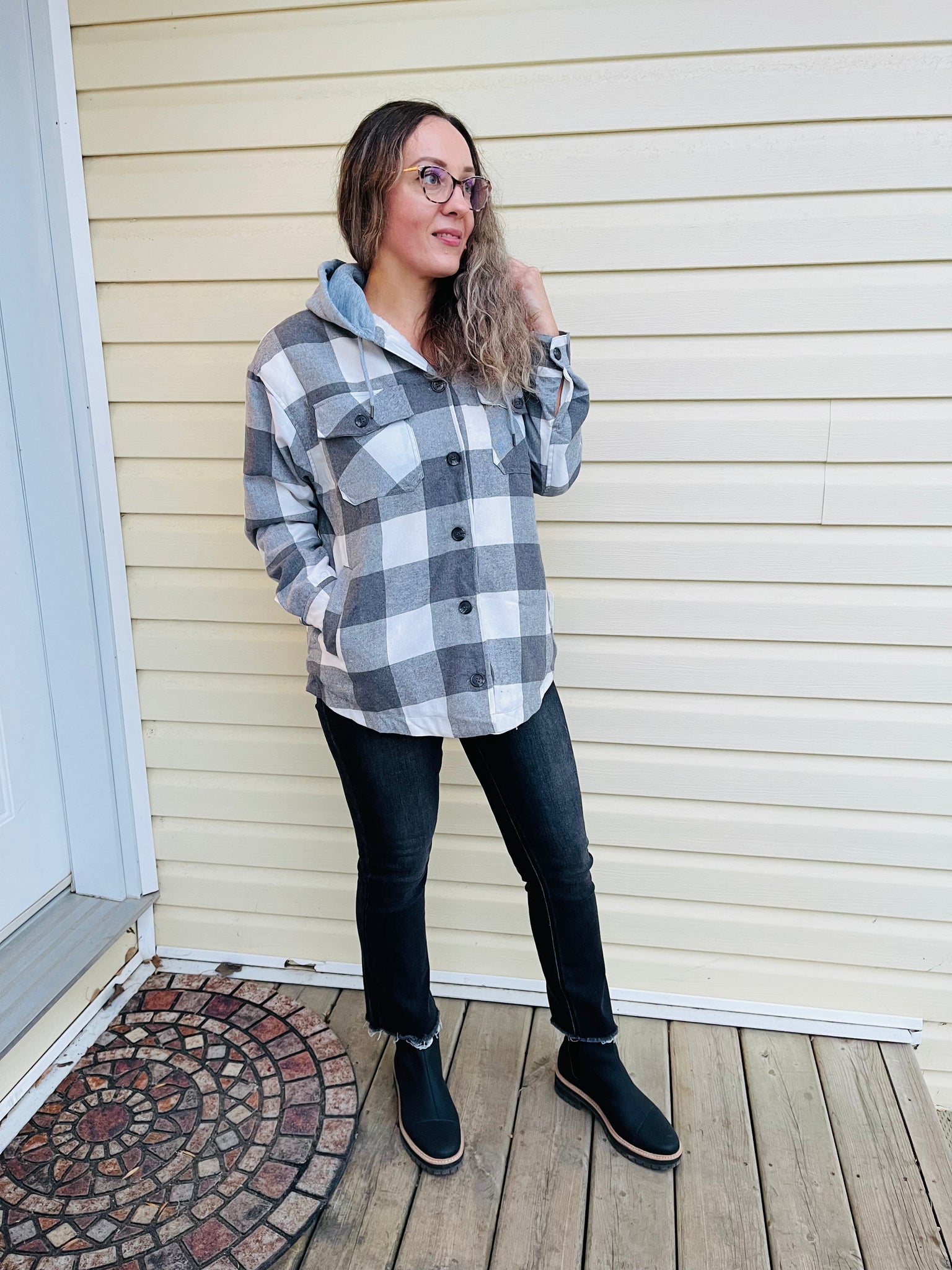 Plaid Hooded Shacket - Grey/White