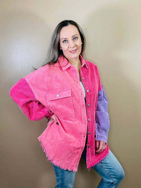 Colour Block Corduroy Jacket - Neon Pink/Cherry